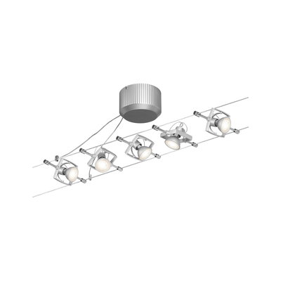 Modern kabelverlichtingssysteem met vijf verstelbare zilveren LED-spotlights voor veelzijdige verlichting
