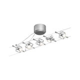 Moderne kabelbelysningssystem med fem justerbare sølv LED-spotlights til alsidig rumbelysning