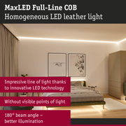 Modern bedroom featuring MaxLED Full-Line COB LED strip light in warm white on ceiling