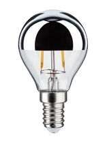 LED bulb with E14 base and half-mirrored glass for energy-efficient lighting