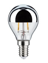LED bulb with E14 base and half-mirrored glass for energy-efficient lighting