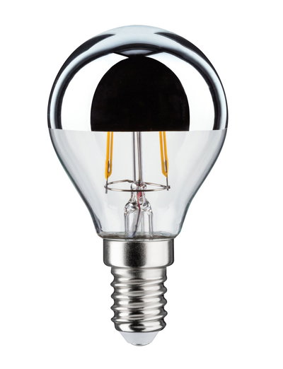 LED bulb with E14 base and half-mirrored glass for energy-efficient lighting