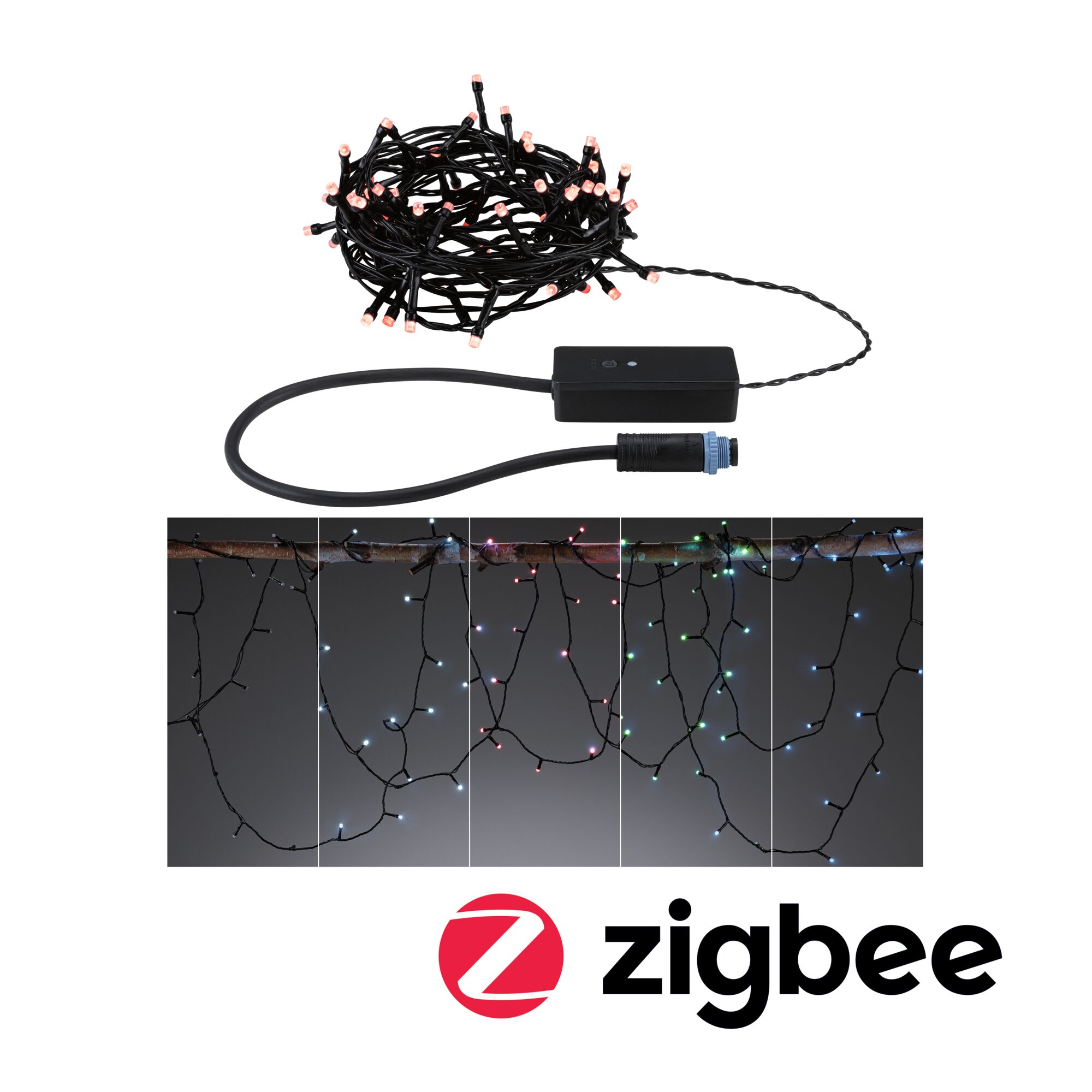 Plug & Shine LED Lichterkette Yuna RGB 5m IP44 3W Schwarz Schwarze LED-Lichterkette mit Steuerbox und Steckverbinder, geeignet für smarte Zigbee Beleuchtung.