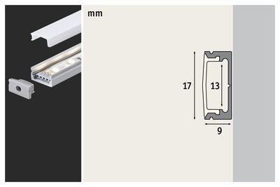 Aluminum LED profile with milky diffuser and end cap, dimensions 17x9 mm, LED strip lighting accessory