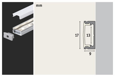 Aluminium LED-profil med mælkehvid diffuser og endestykke, mål 17x9 mm, LED-strip tilbehør
