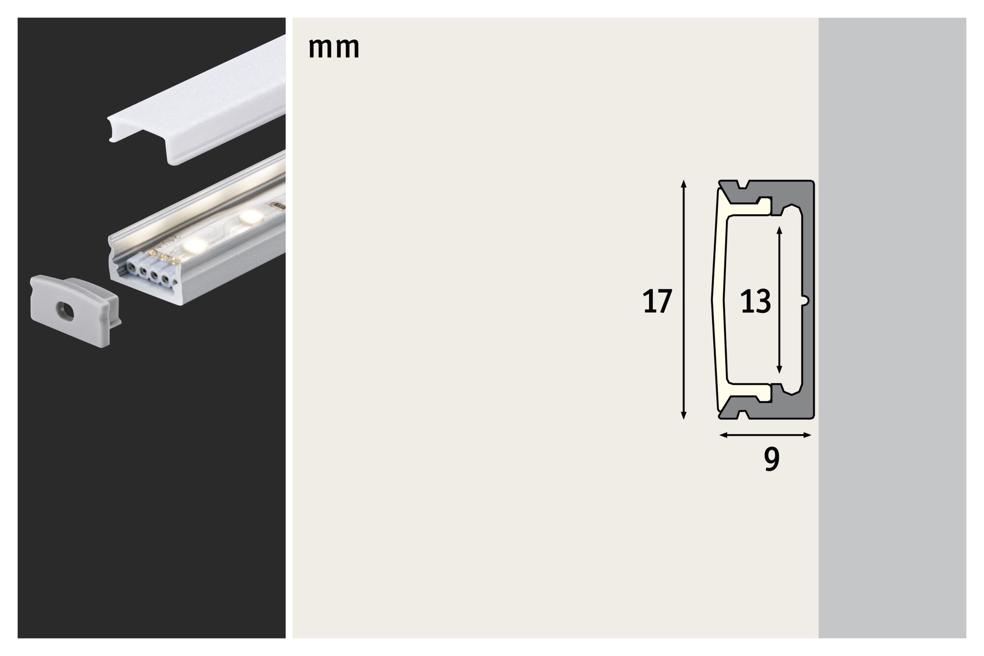 Aluminum LED profile with milky diffuser and end cap, dimensions 17x9 mm, LED strip lighting accessory