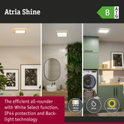 Atria Shine LED ceiling light with wooden frame in white, energy-efficient with IP44 protection and backlight