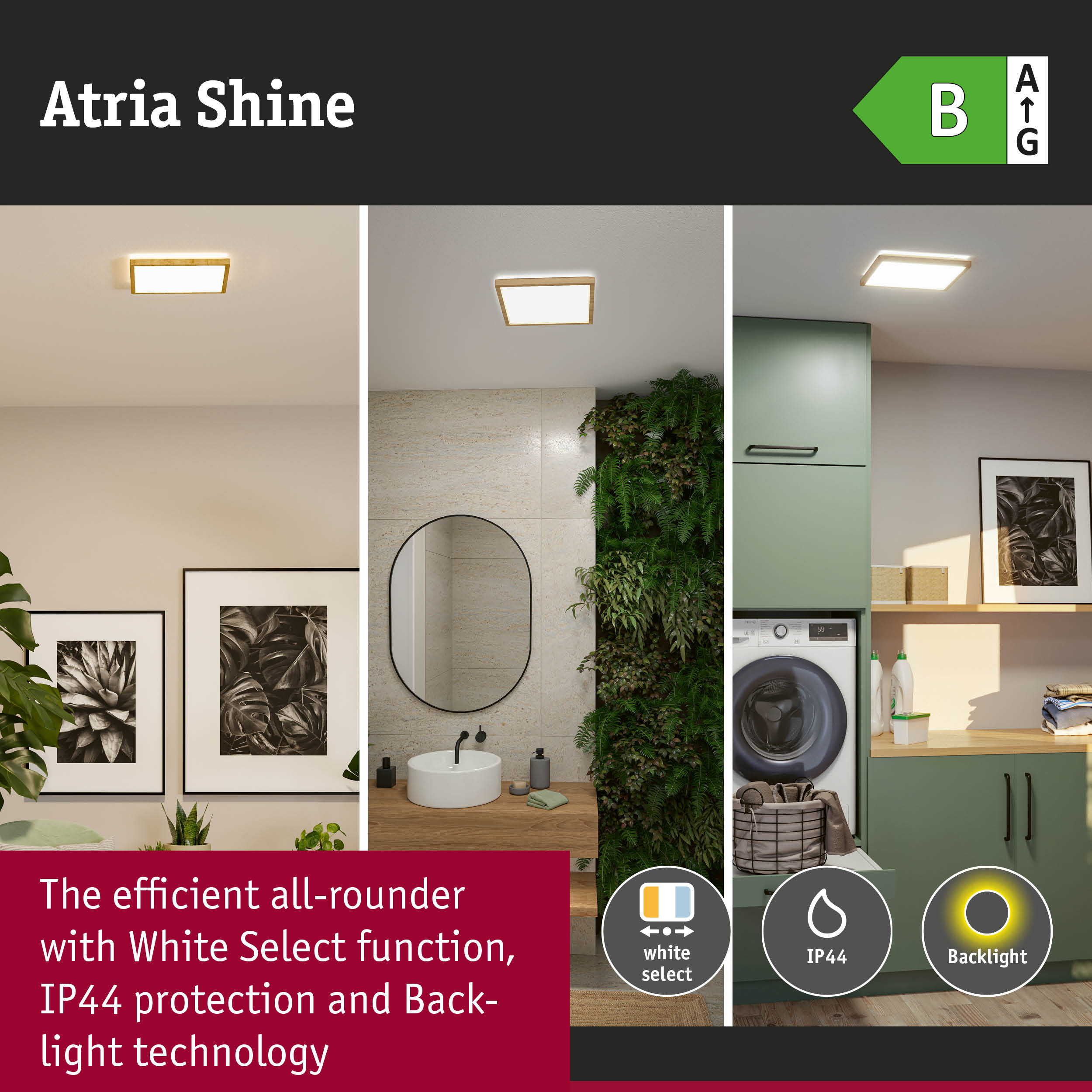 Atria Shine LED ceiling light with wooden frame in white, energy-efficient with IP44 protection and backlight