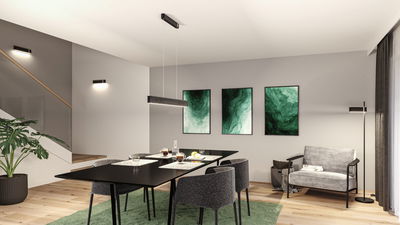 Moderne eetkamer met zwarte tafel, grijze stoelen en minimalistische LED-hanglamp in strak ontwerp