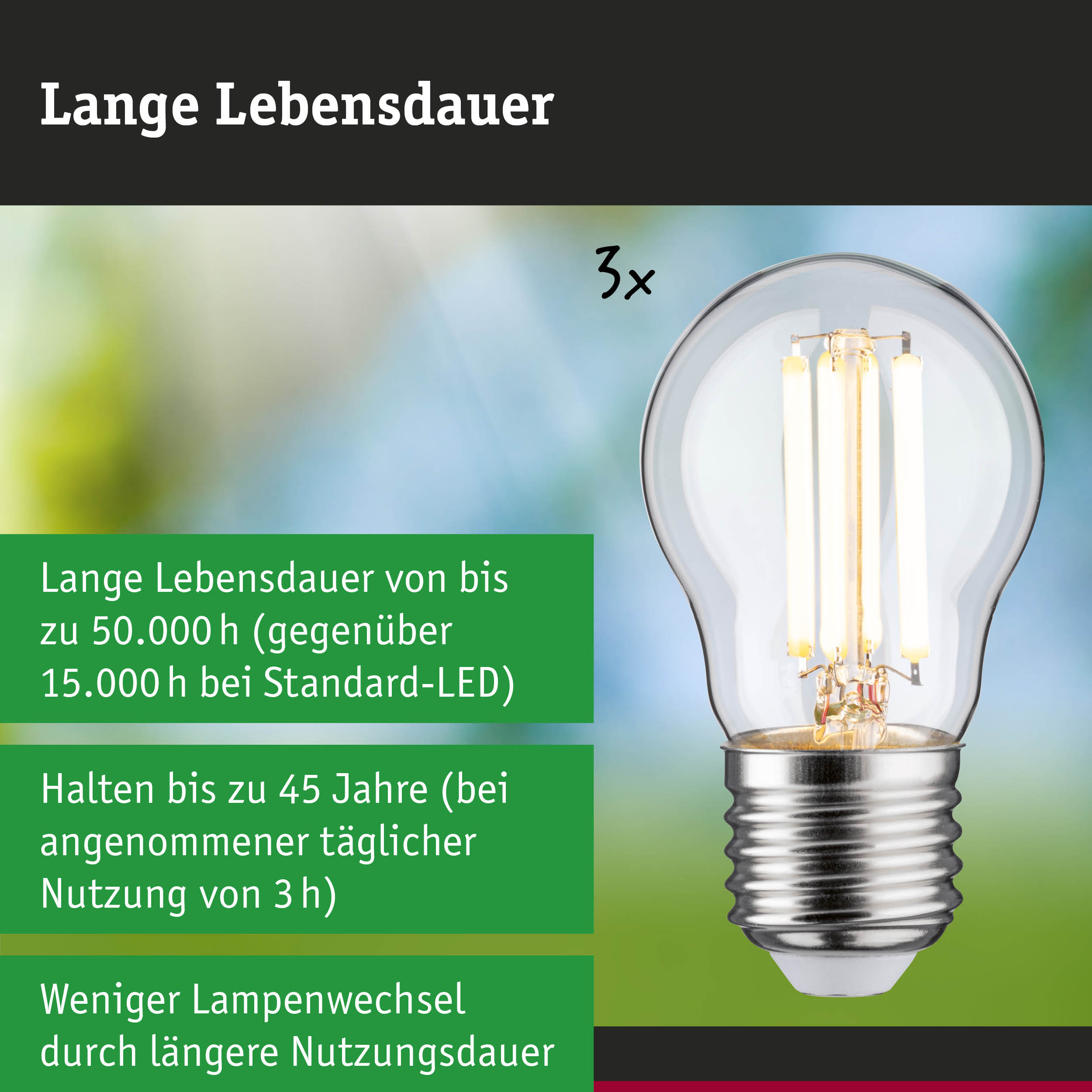 LED-Lampe mit 3,5-fach längerer Lebensdauer und 50.000 Stunden Haltbarkeit im Vergleich zu herkömmlichen Lampen
