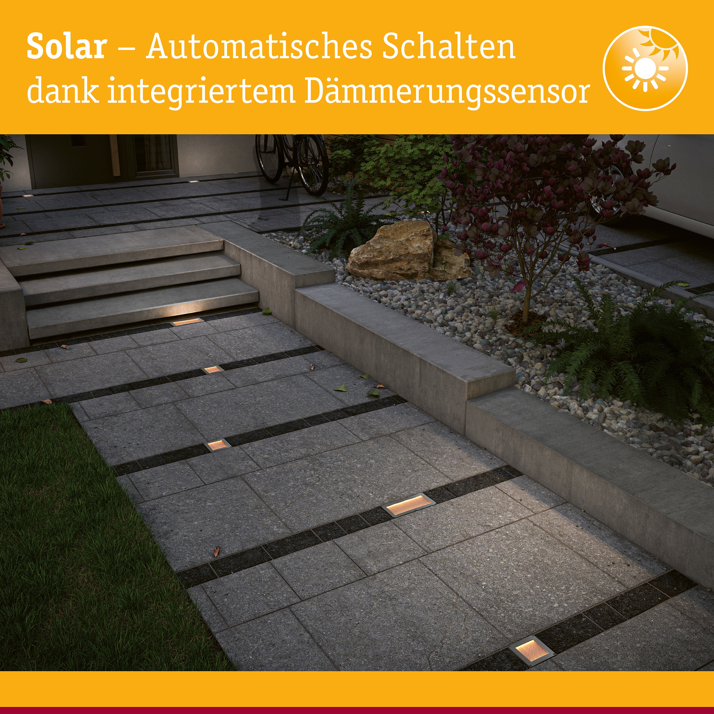 Solar LED Bodeneinbauleuchte Sorea Dämmerungssensor IP67 eckig 200x100mm 2200K 0,3W 14lm 3,7V Eisen gebürstet ABS/Polycarbonat/Edelstahl