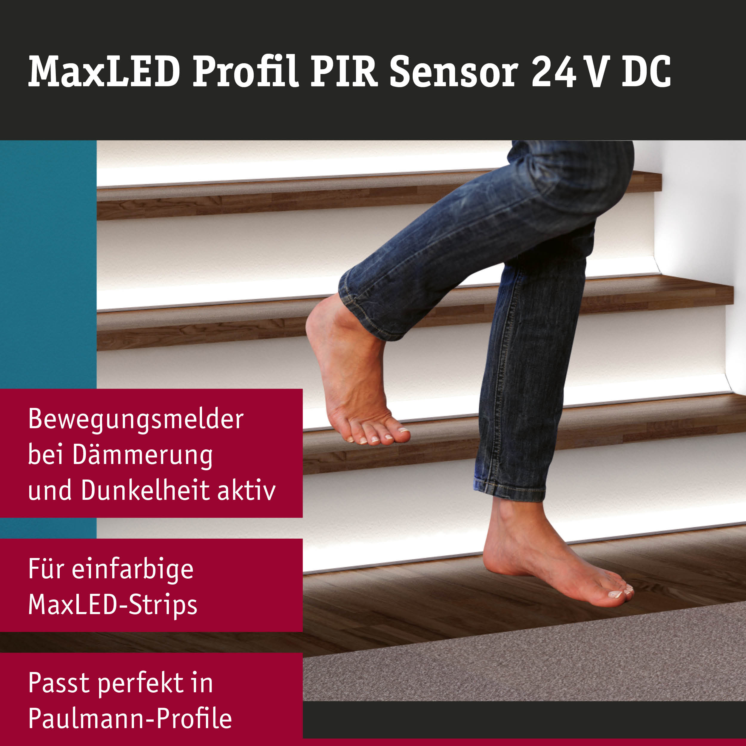 MaxLED Profil PIR Sensor 24 V DC aktiviert LED-Streifenbeleuchtung an Treppen bei Dunkelheit