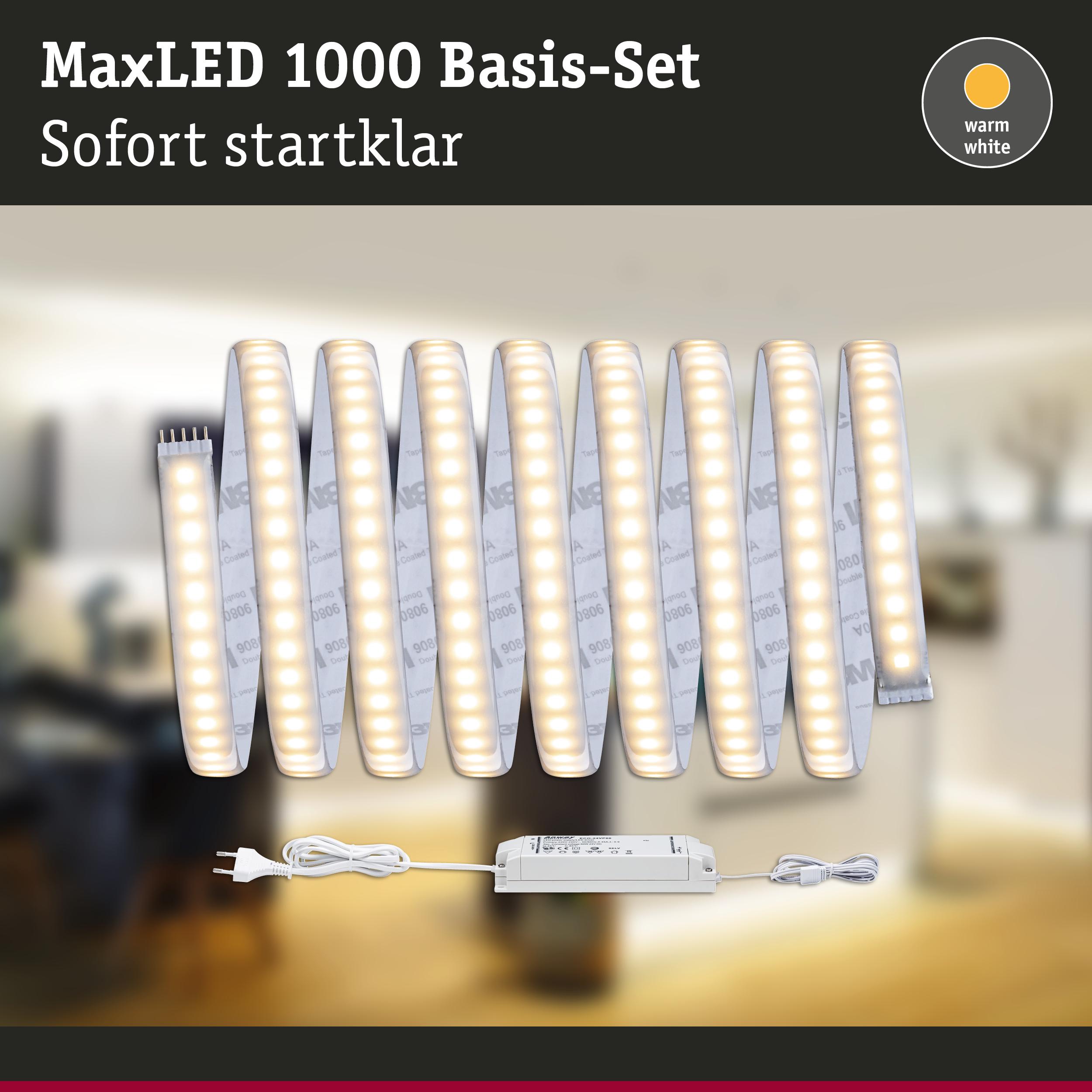 MaxLED 1000 Basis-Set mit warmweißen LED-Lichtstreifen und Netzteil für einfache Raumbeleuchtung