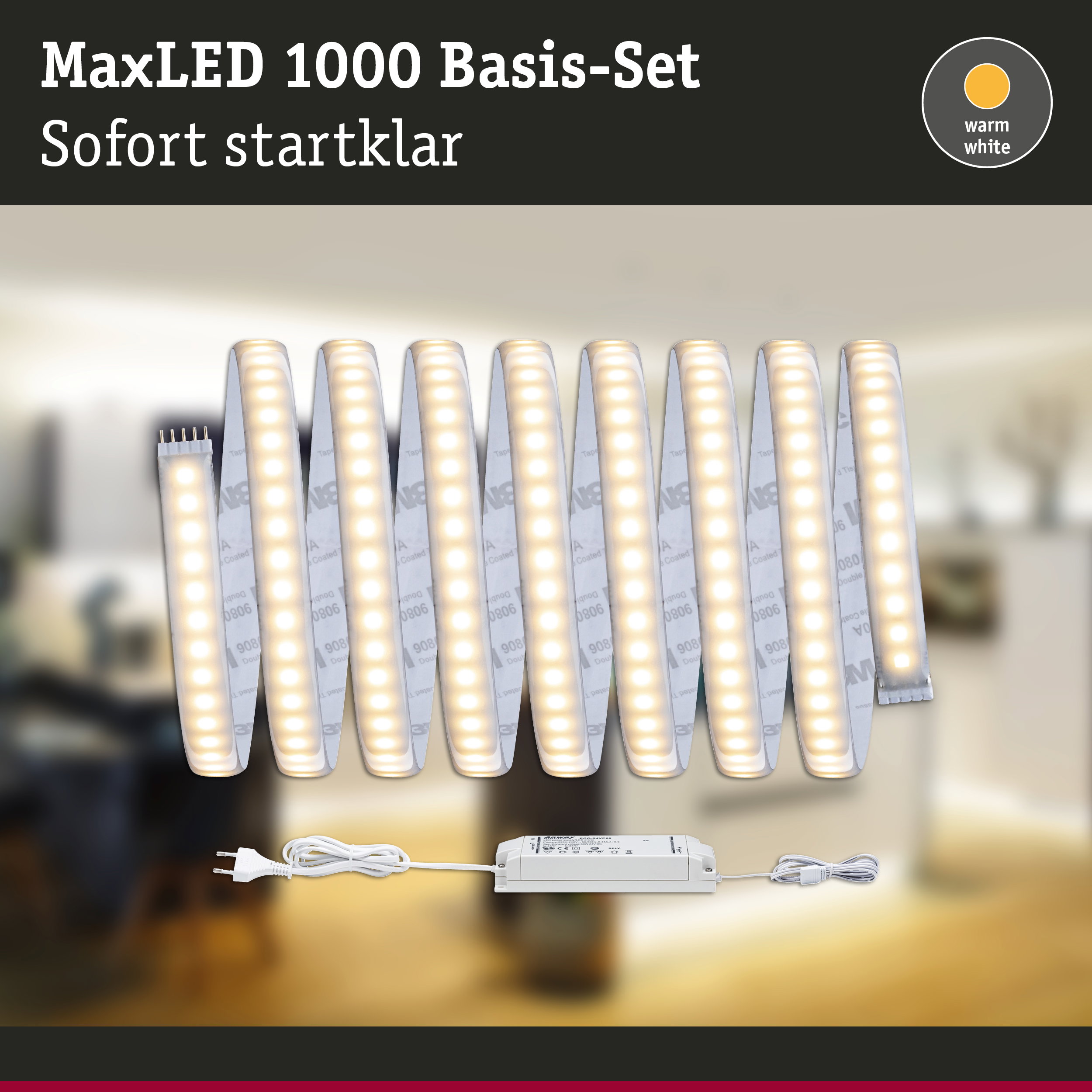 MaxLED 1000 Basis-Set mit warmweißen LED-Lichtbändern und Netzteil für einfache Beleuchtung