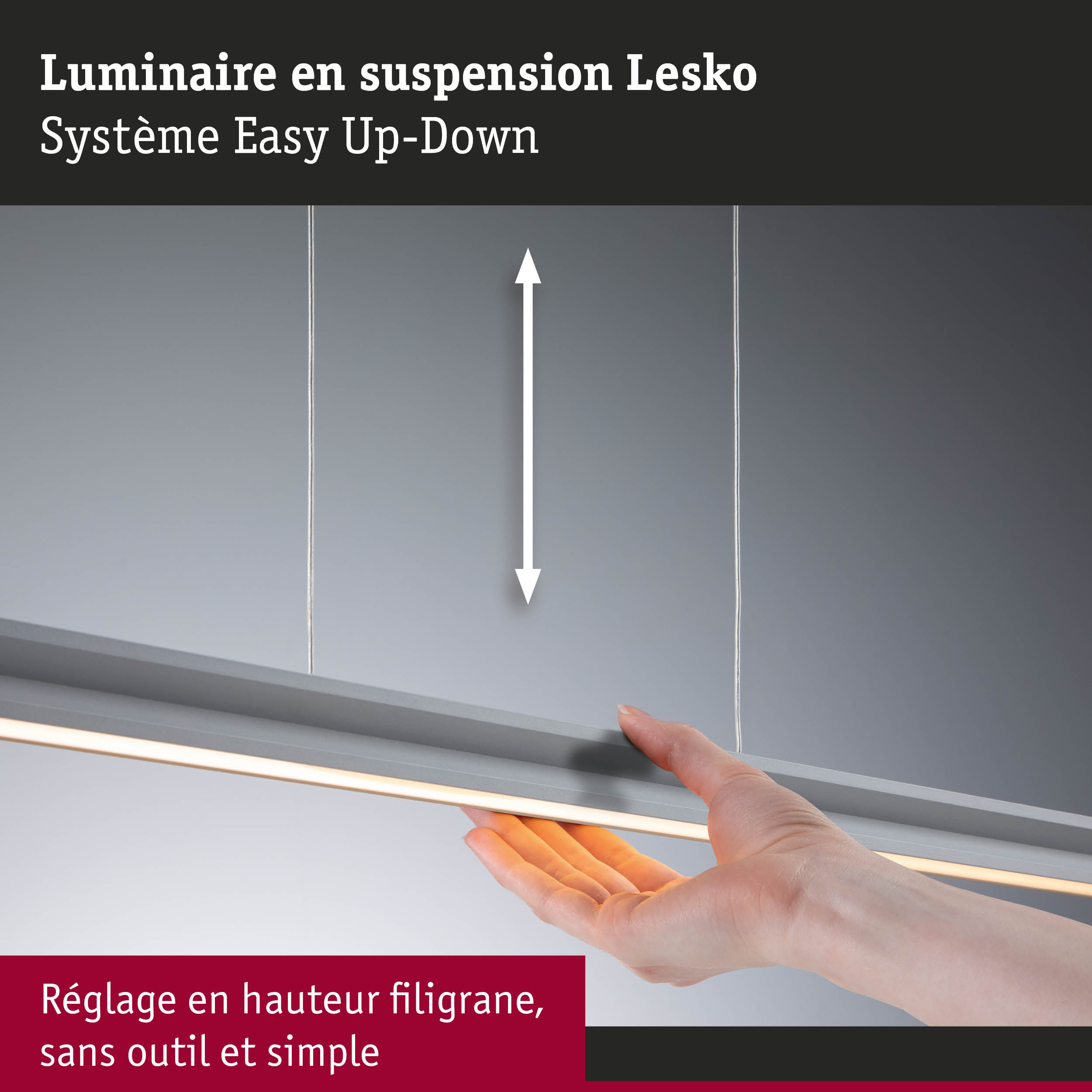 Luminaire suspendu Lesko gris avec système Easy Up-Down et réglage de hauteur sans outil