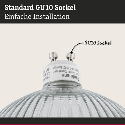 Nahaufnahme einer GU10 Fassung mit weißem Sockel und geriffeltem Glas für LED-Lampen