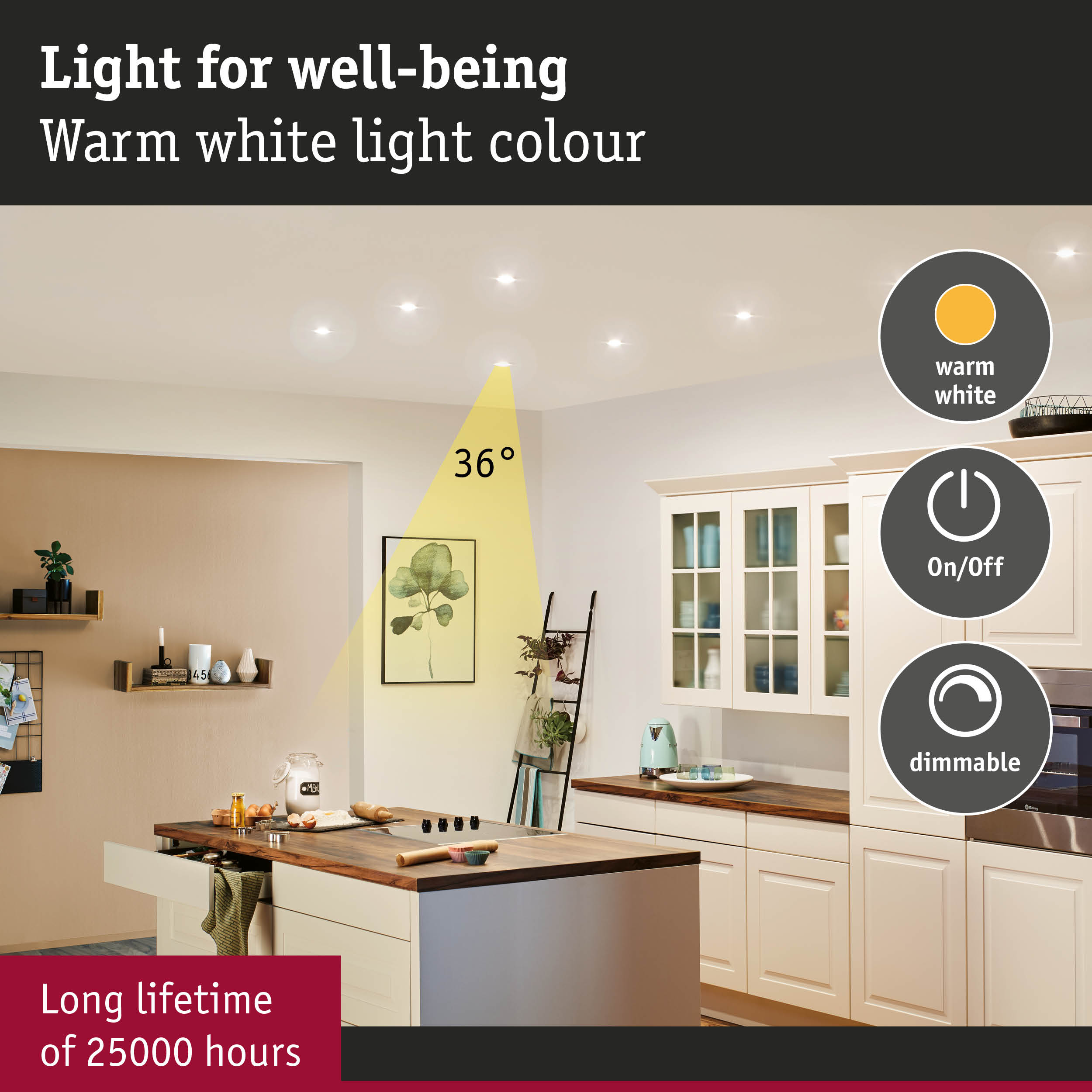Modern kitchen illuminated by warm white dimmable LED ceiling lights with 25000 hours long lifetime