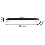 Black metal LED ceiling light with white diffuser, dimensions 380x110x35 mm, modern room lighting fixture