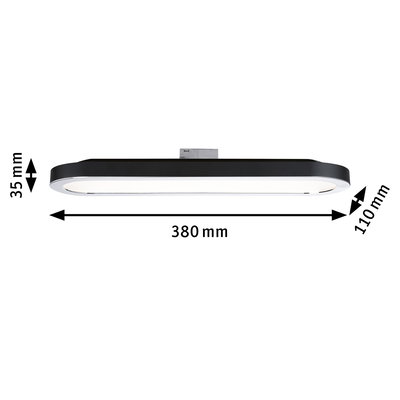 Black metal LED ceiling light with white diffuser, dimensions 380x110x35 mm, modern room lighting fixture