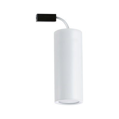 Modern white cylindrical metal LED spotlight with black connector cable for indoor lighting
