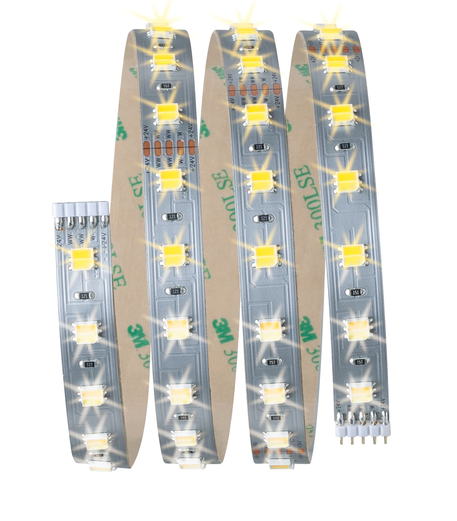 Flexible LED strip with warm white LEDs on silver circuit board for decorative lighting use