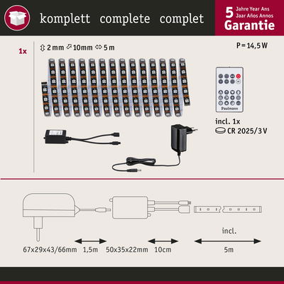 Komplettes LED-Lichtband-Set mit 5 m Länge, Fernbedienung und Netzteil, 14,5 W Leistung