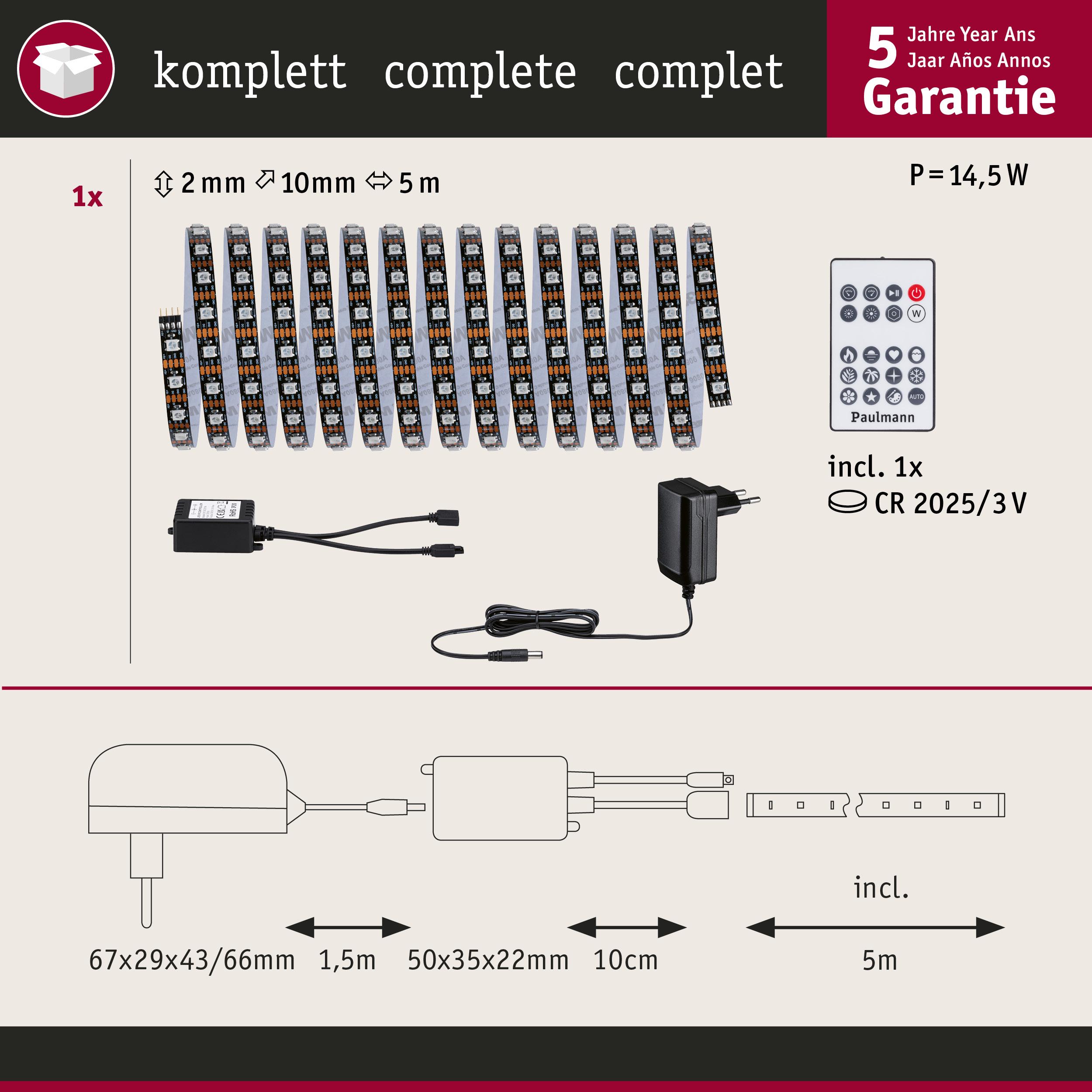 Komplettes LED-Lichtband-Set mit 5 m Länge, Fernbedienung und Netzteil, 14,5 W Leistung