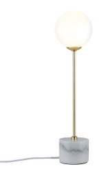 Moderne Tischlampe mit weißem Glaskugel-Schirm, goldfarbenem Stab und grauem Marmorfuß für Wohnräume