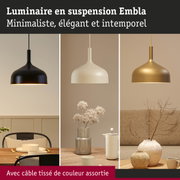 Luminaire suspendu Embla minimaliste en noir, blanc et or avec câble textile assorti pour intérieur moderne