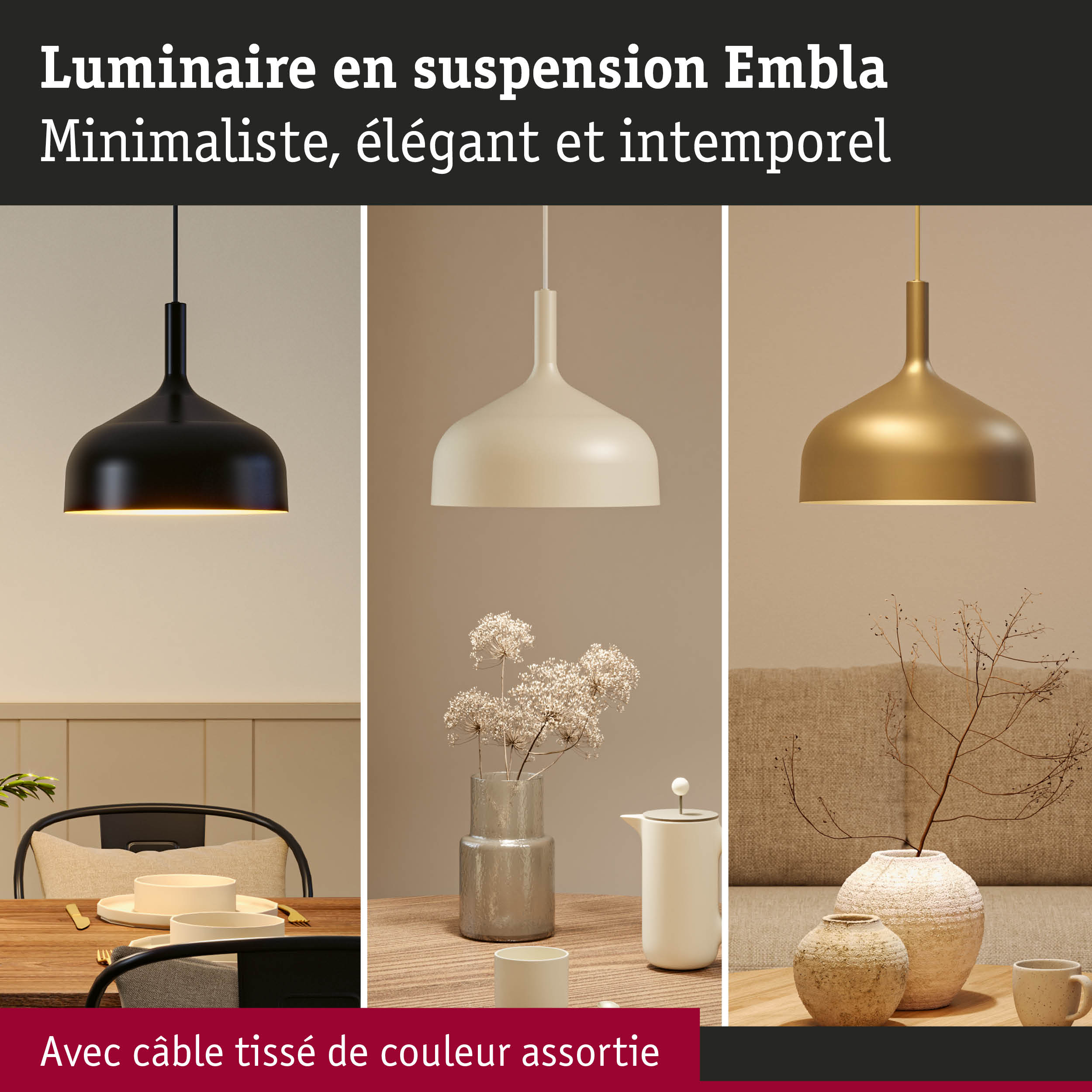 Luminaire suspendu Embla minimaliste en noir, blanc et or avec câble textile assorti pour intérieur moderne