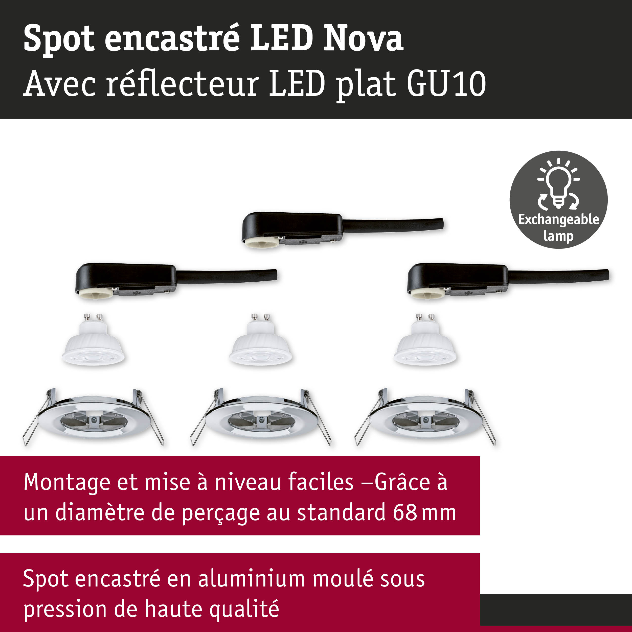 Spot encastré LED Nova en aluminium argenté avec lampe LED GU10 interchangeable