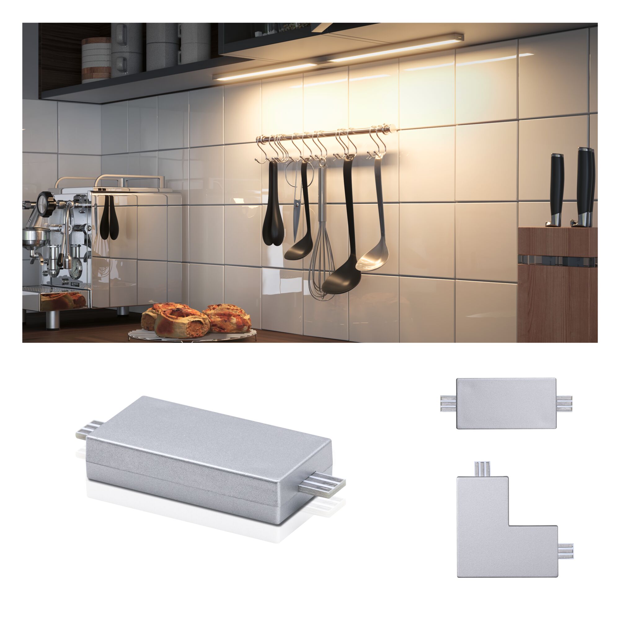 Clever Connect Verbinder Barre 50x25mm Chrom matt Küchenunterbauleuchte mit warmweißem LED-Licht und silbernem Aluminium-Verbindungsstück für LED-Schienen.
