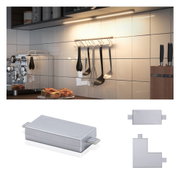Küchenunterbauleuchte mit warmweißem LED-Licht und silbernem Aluminium-Verbindungsstück für LED-Schienen.