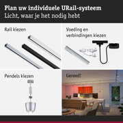 Modulair URail-systeem met witte en zwarte rails, verbindingsstukken en pendelarmatuur voor flexibele verlichting