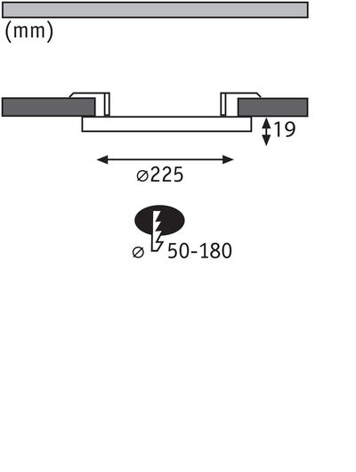 Technische Zeichnung mit Maßen Ø225 mm Durchmesser und 19 mm Höhe für LED-Einbauleuchte.