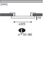 Technical drawing showing 225 mm diameter and 19 mm height for LED recessed light fixture.