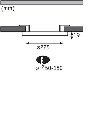 Technische Zeichnung mit Maßen Ø225 mm Durchmesser und 19 mm Höhe für Einbauleuchte