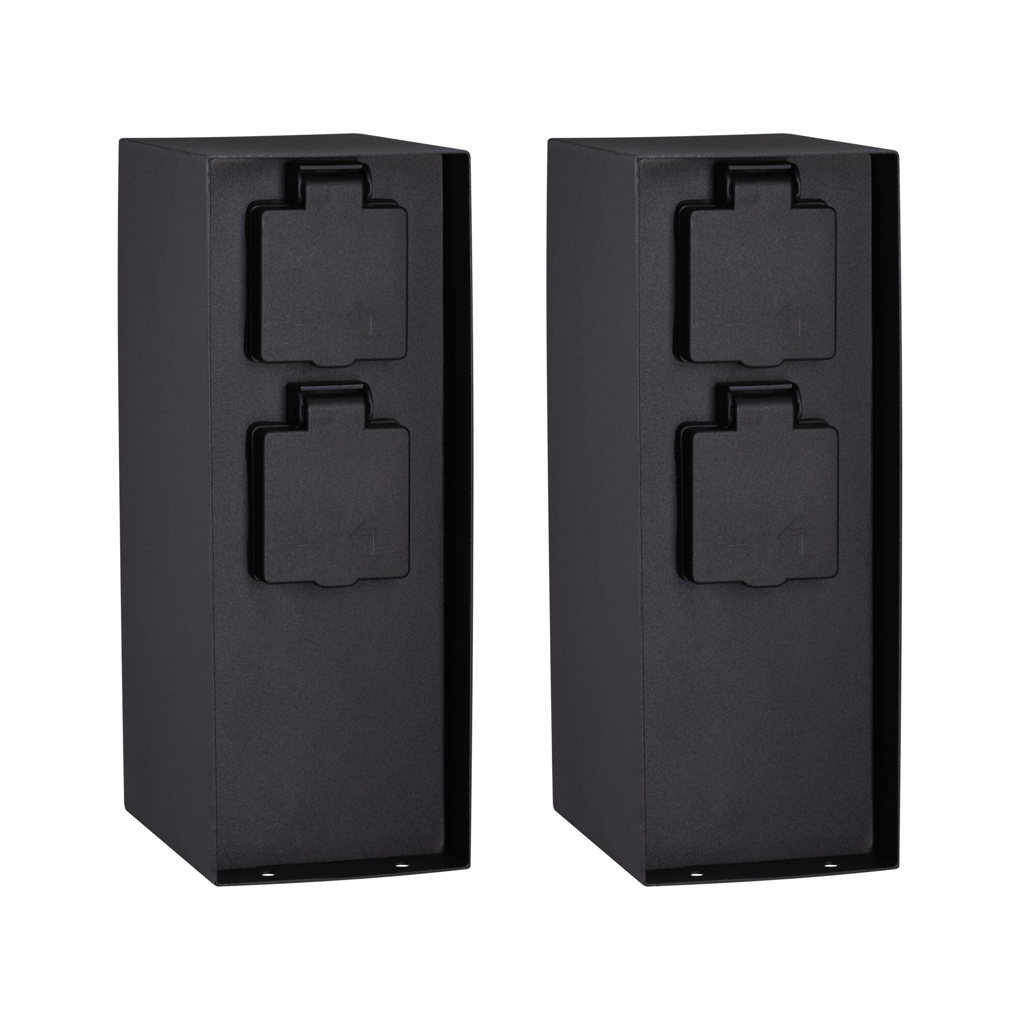 Two black metal outdoor sockets with protective covers for weatherproof power supply outdoors