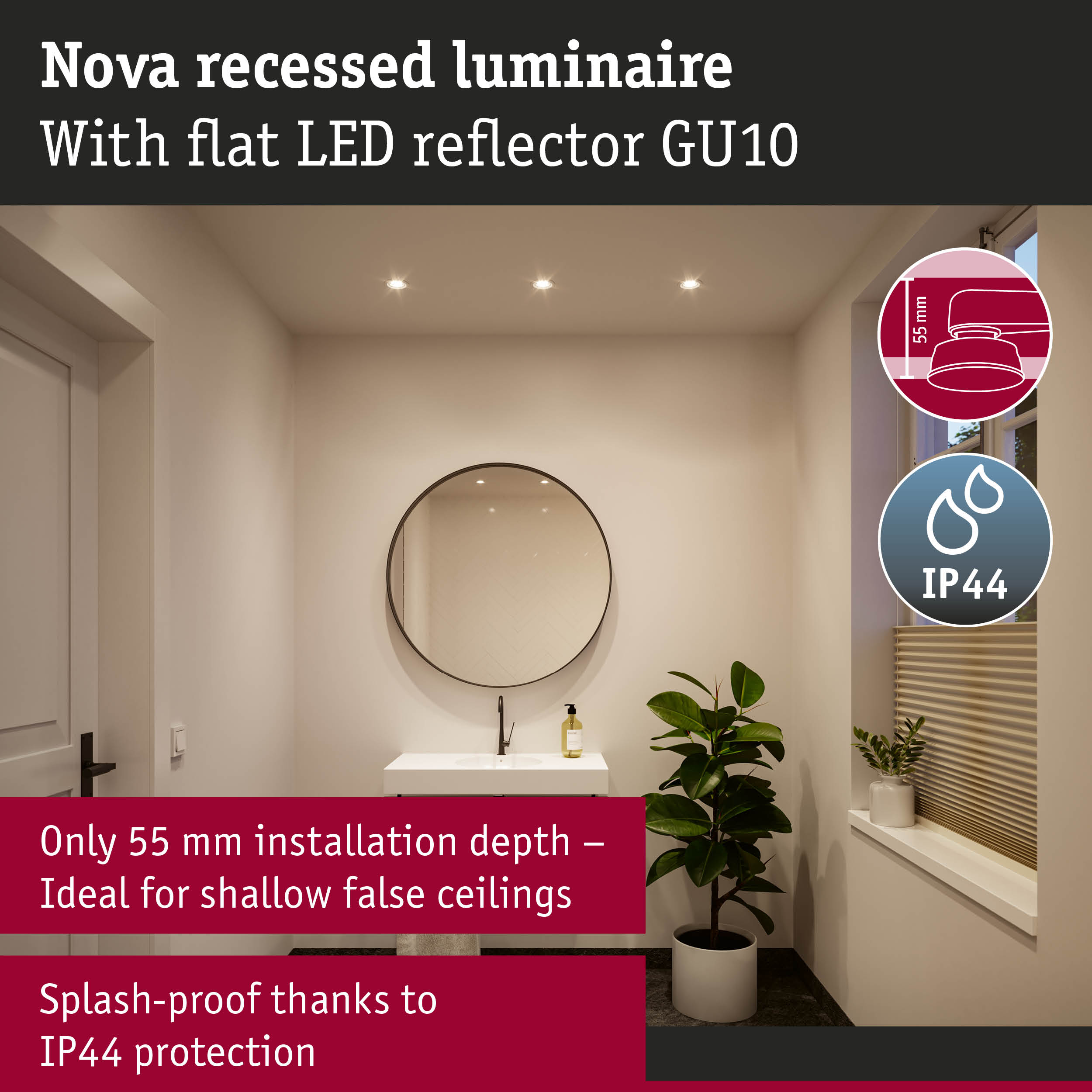 Nova recessed luminaire with flat LED reflector GU10, 55 mm installation depth, splash-proof IP44