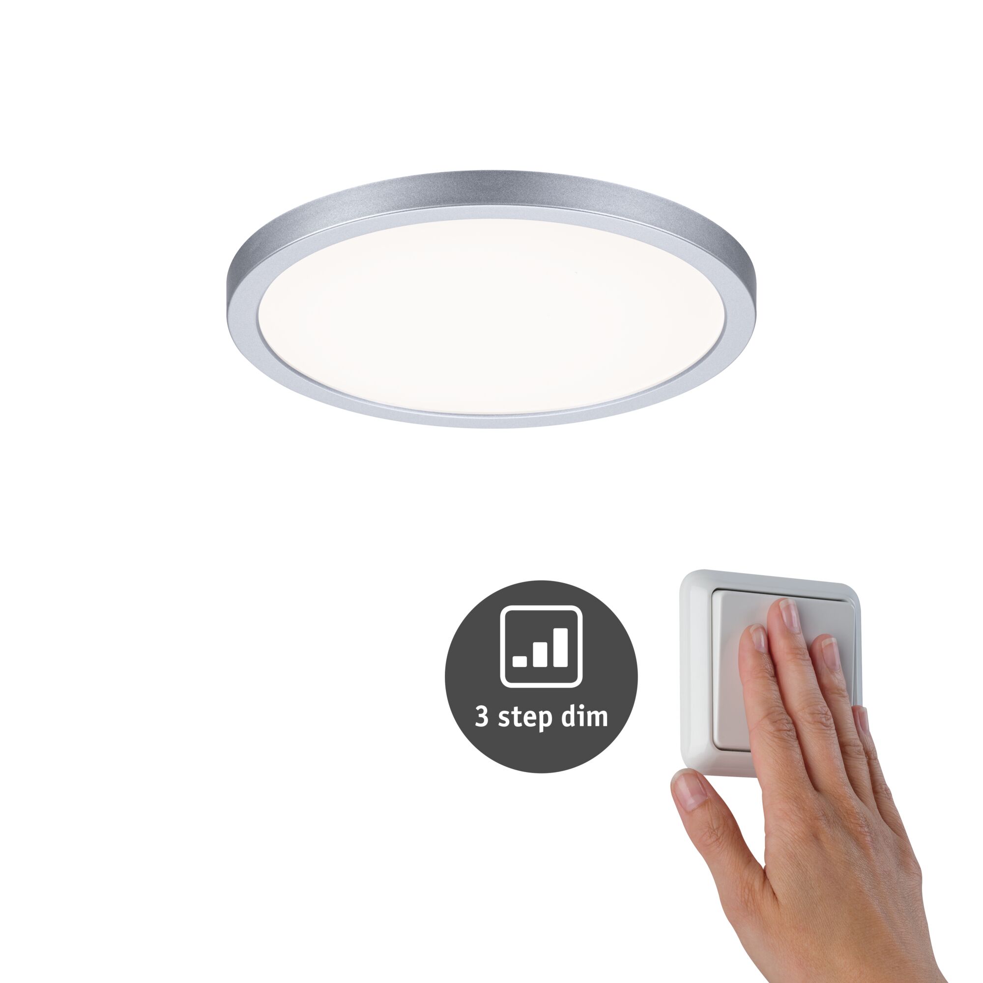 VariFit LED-inbouwpaneel 3-Step-Dim Areo IP44 rond 175mm 13W 1200lm 4000K Chroom mat dimbaar Ronde LED-plafondlamp met zilverkleurige aluminiumrand en 3-traps dimfunctie via wandschakelaar