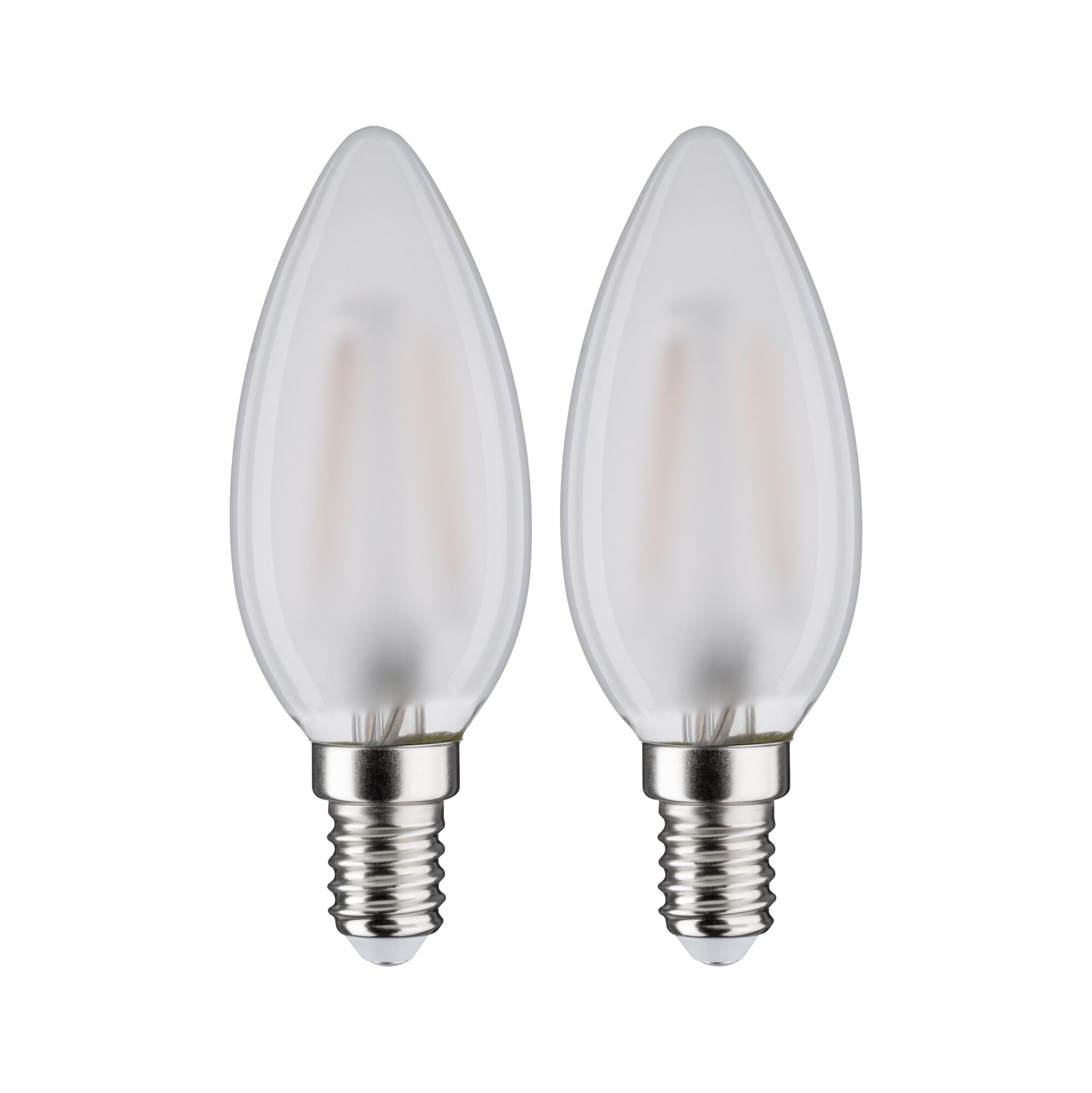 Two frosted LED candle bulbs with E14 base in clear glass shape for energy-saving lighting