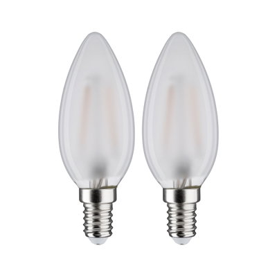 Two frosted LED candle bulbs with E14 base in clear glass shape for energy-saving lighting