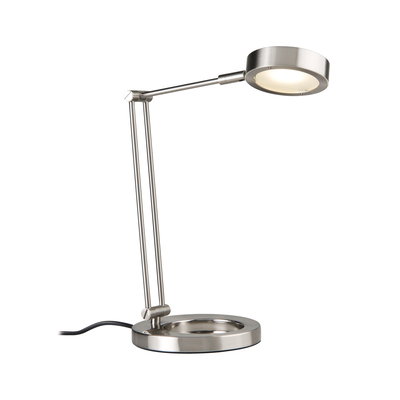 Modern LED desk lamp in brushed stainless steel with round light head and adjustable arm