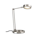 Moderne LED-Tischleuchte aus gebürstetem Edelstahl mit rundem Leuchtkopf und verstellbarem Arm