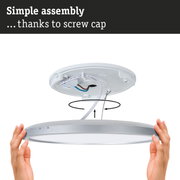White LED ceiling light with silver trim and screw cap for easy assembly and lighting