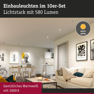 Wohnzimmer mit 10er-Set Einbauleuchten in warmweißem Licht 3000K, moderne LED-Deckenbeleuchtung