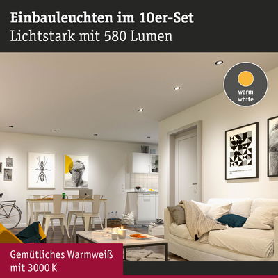 Wohnzimmer mit 10er-Set Einbauleuchten in warmweißem Licht 3000K, moderne LED-Deckenbeleuchtung