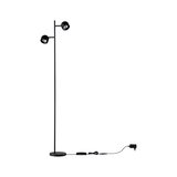 Lampadaire noir en métal avec deux spots réglables et adaptateur secteur pour éclairage salon