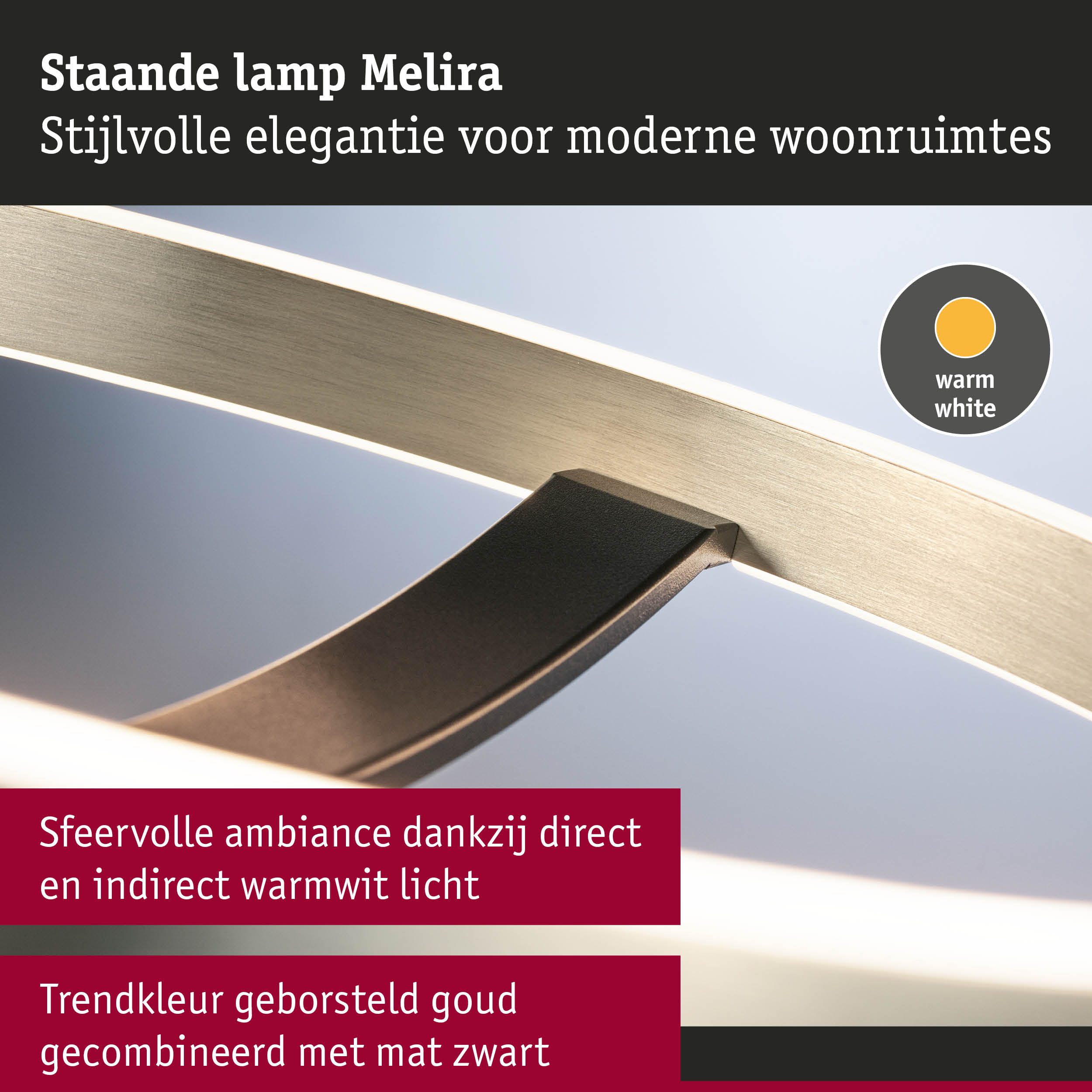 Staande lamp Melira in geborsteld goud en mat zwart voor moderne woonruimtes