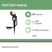 Black LED outdoor spotlight with ground spike for garden lighting and outdoor light staging